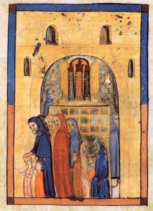 Splendide enluminure d'une Haggadah de Barcelone (14e siècle) montrant la douceur de la prière